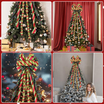 Christmas Tree Topper 45" 13" Red Green Dot Bow Handmade Large Christmas Bow Tree Topper, 44"x13" Wreath Bow for Xmas Holiday Home Wedding Indoor/Outdoor Decoration