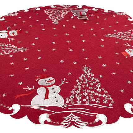 Beautifully Elegant Silver Star Topped Trees and Snowman on Red Linen Doily, Table Topper, Small Tablecloth, Table Centerpiece (34 Inch Round)