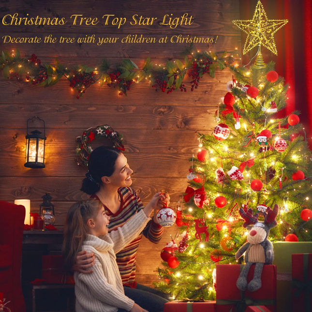 Christmas Tree Topper Light, 3D Hollow Pentagram with 20 LED Lights, Glittered Gold Bead Star Christmas Tree Decor, Xmas Star Light for Holiday Party Home Indoor Decor Christmas Ornaments (Gold)