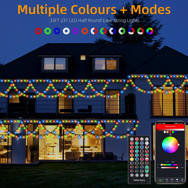 Color Changing Smart Christmas Lights 33FT 231LED RGB Christmas String Lights with Music Sync, Remote & App Control & Timer, Waterproof Half Round Lights Multiple Color Modes, Dimmable Eaves Decor