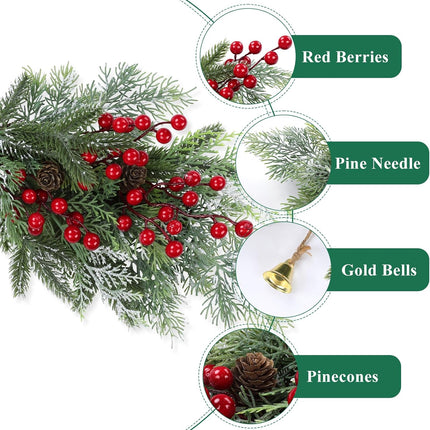 SHACOS 26 inch Artificial Christmas Swags Frosted Flocked Cedar Swag with Pine Cones Red Berries and Bells Xmas Mailbox Swag Front Door Windows Wall Swag Mantel Table Holiday Decor Indoor Outdoor