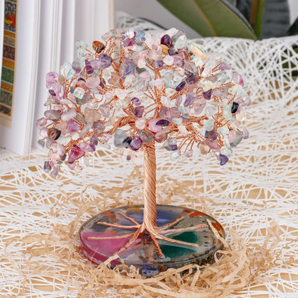 ZenBless 7 Chakra Healing Crystals Stones Tree, Green Fluorite Leaf Wire Wrapped on Natural Agate Slice Base, Home Office Desk Living Room Feng Shui Decoration for Wealth and Luck