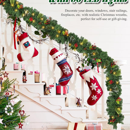 9 FT Christmas Garland with Lights, Battery Operated Garland with 50 LED Lights, Christmas Decoration for Home Stairs Fireplace Front Porch Door Display Indoor Outdoor