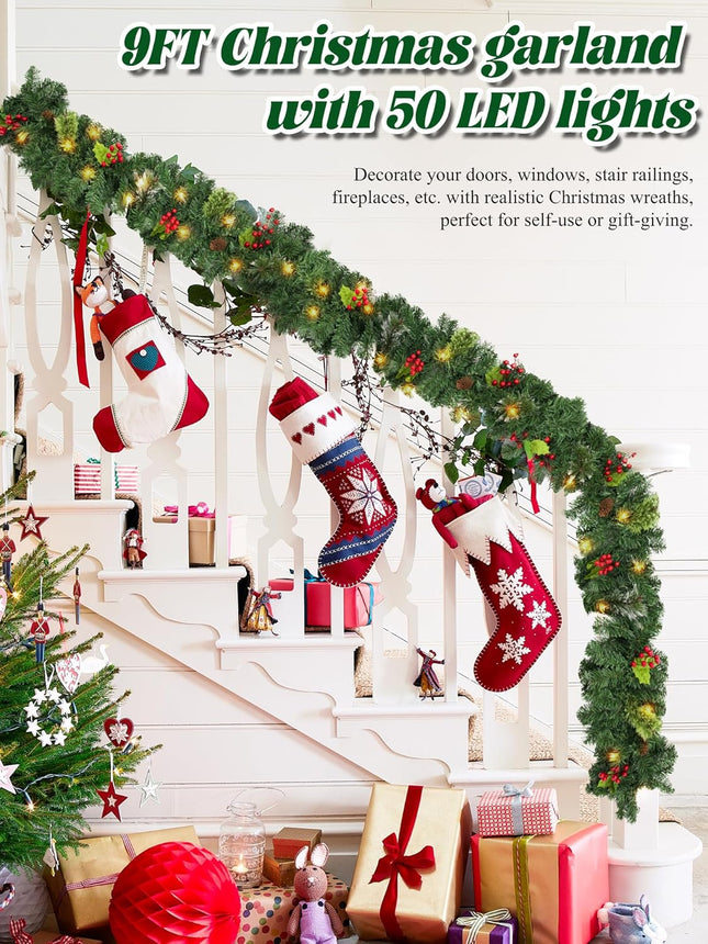 9 FT Christmas Garland with Lights, Battery Operated Garland with 50 LED Lights, Christmas Decoration for Home Stairs Fireplace Front Porch Door Display Indoor Outdoor