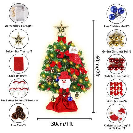 2 Ft Little Tabletop Christmas Trees Led Lights Artificial Pre-Lit Decoration And Ornaments Mini Xmas Decorated Topper Star Bow Miniature Snowman Indoor Small Desktop Potted Balls Battery Operated Set