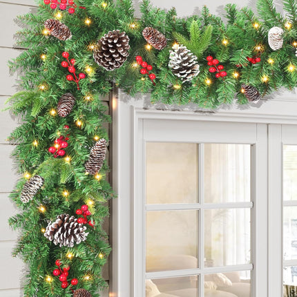 LAVEVE Pre-lit Christmas Garland 9 FT, Battery Operated 100 Lights Garland with Cedar Cones and Red Berries, Outdoor Indoor Christmas Decorations for Mantle, Stairs, Front Porch