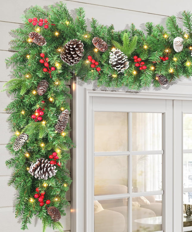 LAVEVE Pre-lit Christmas Garland 9 FT, Battery Operated 100 Lights Garland with Cedar Cones and Red Berries, Outdoor Indoor Christmas Decorations for Mantle, Stairs, Front Porch