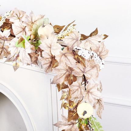 6FT Fall Garland Decor, White Pumpkin & Maple Leaves Garland, Fall Decorations Outdoor/Indoor for Mantle Fireplace Home Porch Thanksgiving Party, White