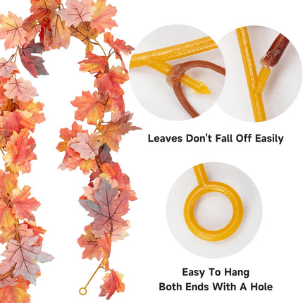 2 Pack Fall Garland 5.7ft/Piece 3D Artificial Fall Leaves Garland Hanging Vine Fall Decorations for Home Fall Maple Leaf Garland for Mantle Thanksgiving Party Fireplace Outdoor Porch Decor