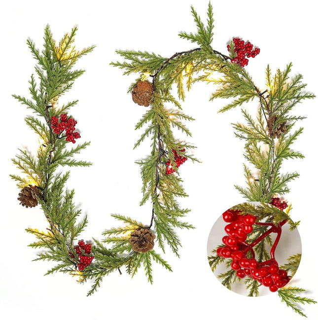 RECUTMS 6.5FT Christmas Garland with Lights Artificial Red Berry Garland and Pinecones Christmas Decorations Indoor Xmas Lighted Garland Fireplace Decor