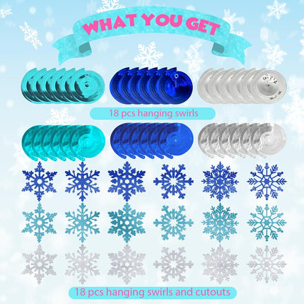 36 Pcs Glitter Snowflake Hanging Swirls Decoration - Christmas Holiday Ceiling Decorative Streamers Blue Teal Silver Snowflake Ornaments Garland for Winter Wonderland Frozen Party Supplies