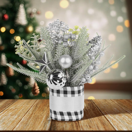 SY Super Bang Small Buffalo Check Plaid Christmas Tree, Artificial Mini Tabletop Christmas Tree Decorations with Silver Ornaments, for Home Holiday Indoor Party Xmas Decor.