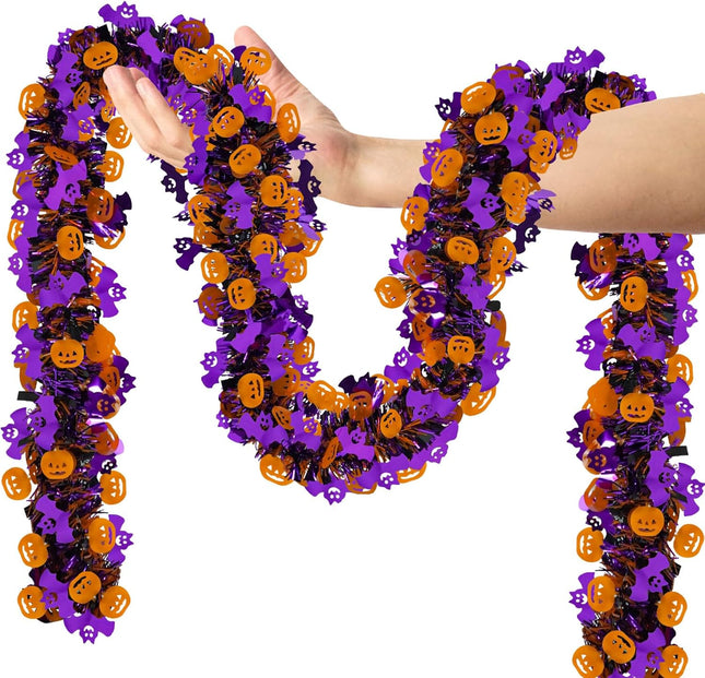 Halloween Decorations, 33 Ft Halloween Tinsel Garland Twist Shiny Metallic Halloween Garland with Orange Pumpkin Black Spider Purple Bat for Home Tree Party Indoor Outdoor Decorations