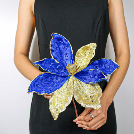 10" Velvet Poinsettias Artificial Christmas Flowers, 6pcs Large Glitter Christmas Poinsettia Picks, Floral Stems for Christmas Tree Wreath Garland Decorations DIY Ornaments (Blue