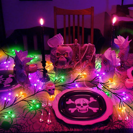 [Timer & 8 Modes] 6Ft 57 LED Halloween Willow Vine Twig Halloween Garland with 6 Orange Pumpkins & 6 Purple Bats & 6 Green Light Spider Waterproof Battery Operated Halloween Light Mantel Wall Decor