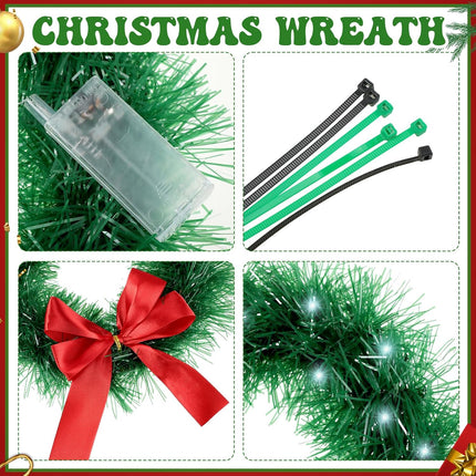 2 Pieces 13 Inch Car Christmas Wreath with 20 Small White Light Christmas Car Decoration with Red Bow Christmas Wreath for Car with Battery Case for Car, Suv Winter Christmas Decorations