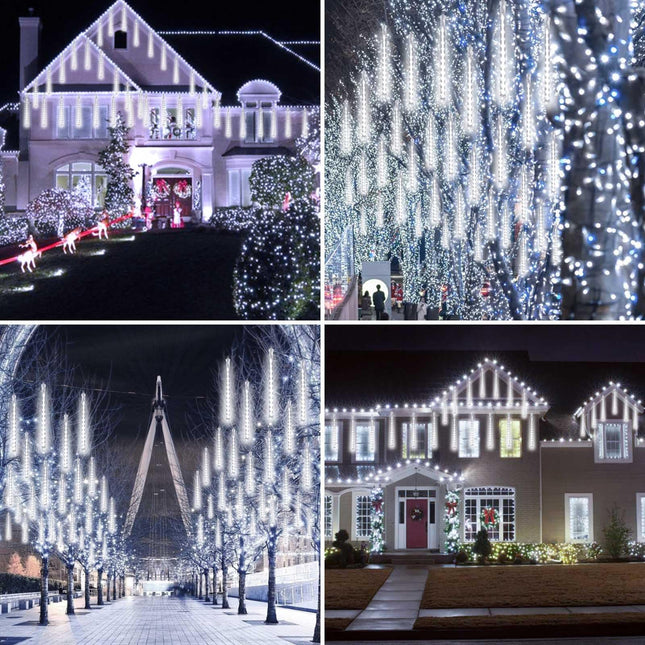 2-Pack Meteor Shower Christmas Lights Outdoor Decorations, Extendable Outdoor Tree Lights Waterproof 16 Tubes 384 LEDs Falling Rain Lights for Holiday Outside Decor Yard House Xmas Tree (Cool White)