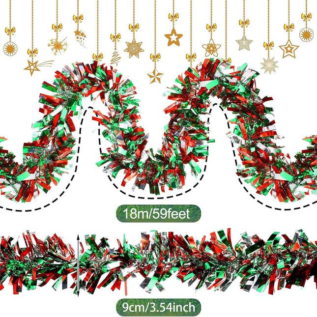 Dingion 59 Feet Christmas Tinsel Garland Metallic Twist Garland Ornaments Hanging Glitter Xmas Garland for Christmas Tree Indoor Outdoor Decoration Party Supplies(Silver, Red, Green)