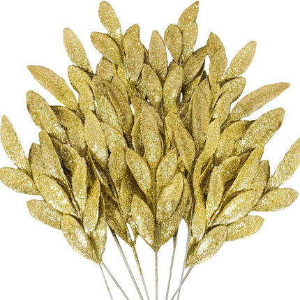 24 Pcs Artificial Glitter Gold Leaves,13" Glittered Christmas Gold Flowers Leaf Christmas Tree Picks and Sprays for Christmas Wreath Xmas Tree Ornaments Wedding Table Decorations