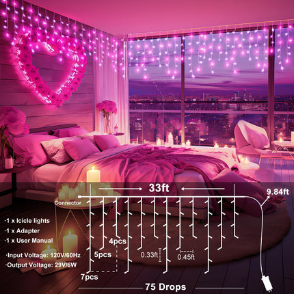 33FT Pink Christmas Lights Outdoor, 400 LED Icicle Lights for Outside, Plug in Twinkle Tree Lights Indoor with 8 Modes Timer Waterproof for House Eave Holiday Decor Wedding Yard Patio Decorations