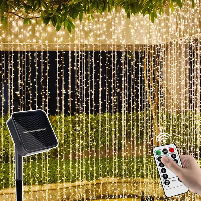 weillsnow 304 LED Solar Curtain Lights Remote Control with 8 Modes, Outdoor Christmas Lights Waterproof for Window Patio Garden Balcony Wedding Party Christmas Decorations（Warm White）