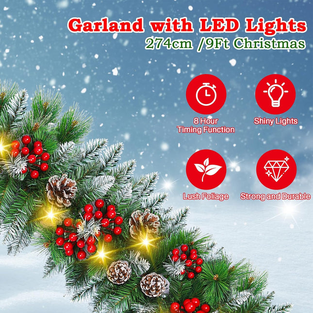 9FT Prelit Christmas Garland with Lights Decorations: Artificial Greenery Garland Battery Operated for Fireplace Mantle Stairs Windows Xmas Decorations, Indoor Outdoor Holiday Garland Decor (Garland1)