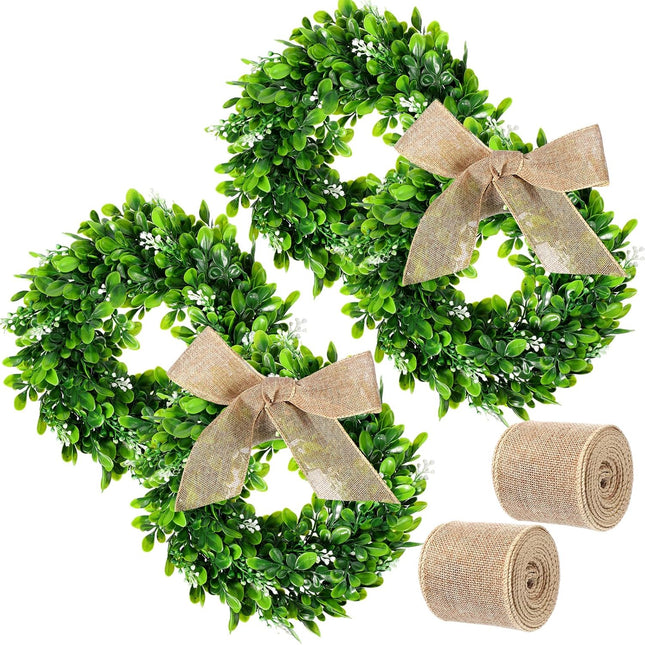 Unittype 4 Pcs Christmas Kitchen Cabinet Wreaths 11 Inch Mini Xmas Faux Artificial 2 Roll Gold Ribbons for Door Farmhouse Hanging Wall Window Door Hanging Xmas Decoration