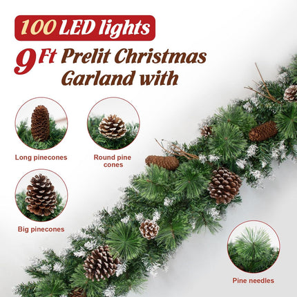 Jin&Bao 9FT Christmas Garland with 100 Lights, Pre-lit Christmas Garlands Xmas Decorations 8 Mode Timer Waterproof with Snowy Large Pine Cones, Long Pine Cones for Mantle Stairs Door Outdoor Decor