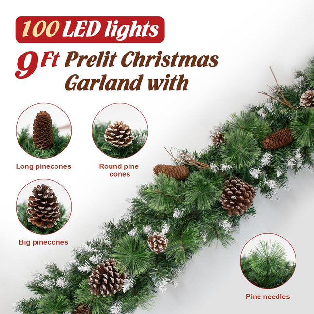 Jin&Bao 9FT Christmas Garland with 100 Lights, Pre-lit Christmas Garlands Xmas Decorations 8 Mode Timer Waterproof with Snowy Large Pine Cones, Long Pine Cones for Mantle Stairs Door Outdoor Decor