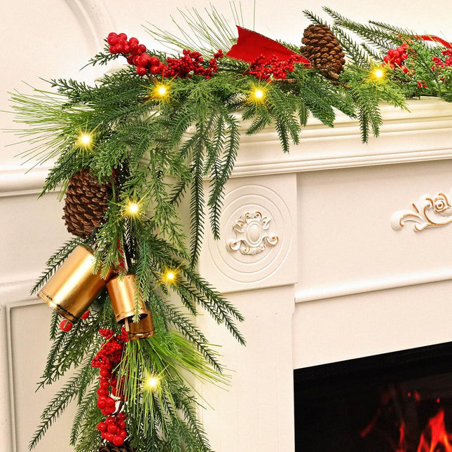 Christmas Garland Decorations - 5.9 FT Real Touch Norfolk Pine Garland, Faux Cedar Garland Artificial Realistic,Christmas Garland with Pine Cones Ribbons for Mantle Indoor Outdoor Christmas Decor