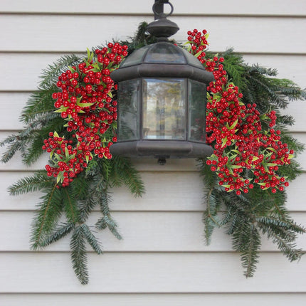 XHXSTORE 4Bundles Artificial Red Berries Christmas Greenery Stems Faux Burgundy Red Holly Berry with Green Leaves for Xmas Tree Home Wedding Flower Arrangement DIY Wreath Holiday Decor