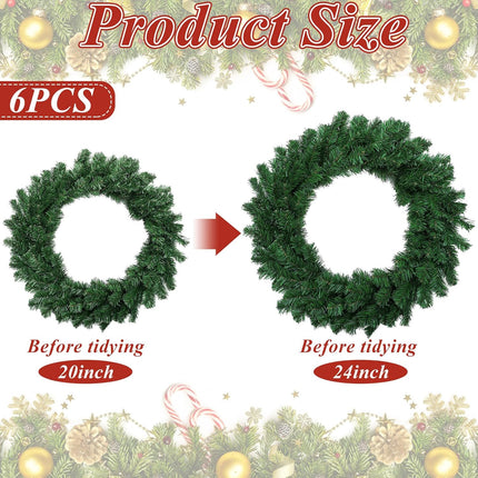 Hotop 6 Pcs 24 Inch Pre Lit Christmas Wreath with Lights Large Artificial LED Christmas Front Door Wreath for Xmas Holiday Party Decorations Fireplaces Porch Wall Ornament