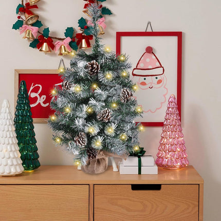 Artificial Mini Christmas Tree with LED Lights, 21 Inch Table Top Christmas Tree with Pine Cones for Holiday and Christmas Decoration
