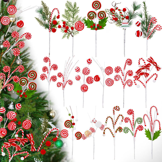 Wettarn 16 Pcs Christmas Candy and Lollipop Pick 13.78 Inch Red White Green Curly Lollipop Picks for Christmas Tree Striped Glitter Candy Tree Topper for Christmas Tree Filler Picks Ornaments Decor