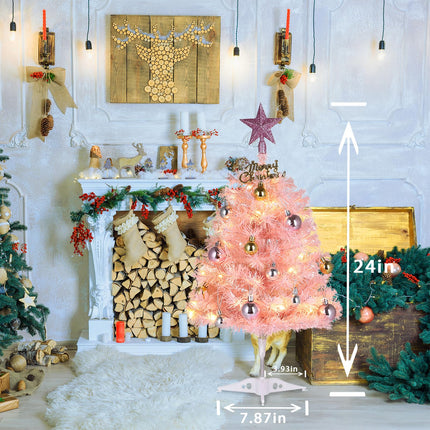 Mini Pink Christmas Tree, 24” Artificial Tabletop Christmas Tree with Lights & Hanging Ornaments, Small Desktop Xmas Tree for Party Supplies Home Indoor Decoration