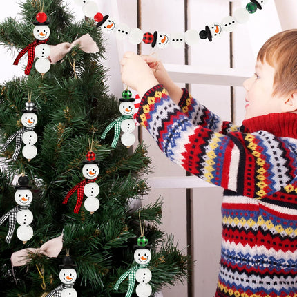 TREWAVE 205 Pieces Christmas Snowman Wooden Beads Craft Project Natural Polished Wood Bead with Twine, Winter Christmas Tree Hanging Ornaments, Rustic DIY Garland Decoration for Home (Snowman)