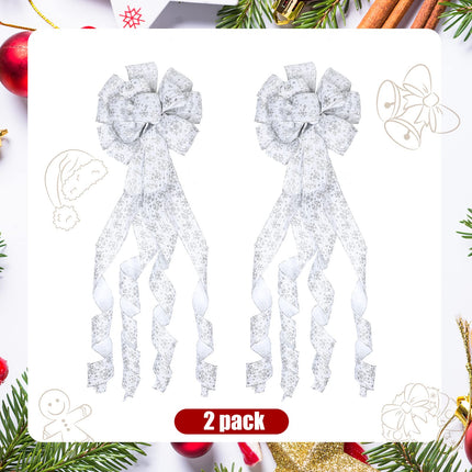 Christmas Tree Topper Set of 2 Christmas Tree Bows Ornaments Wreath Decorations Big Christmas Tree Bow Toppers with Wired Ribbon with Glitter Flecks for Xmas Decorations Home Outdoor Decor