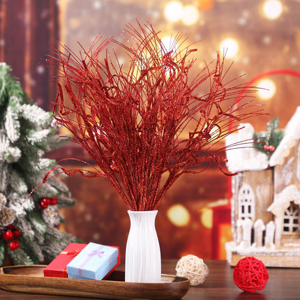 Christmas Glitter Curly Tree Picks Wispy Willow Stem Glittered Twigs Decor Wreath Garland Floral Arrangement Glitter Stems for Xmas Tree Decor(Red,24 Pcs)