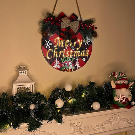 Pre-Lit & Timer Grandeal Christmas Wreaths for Front Door Sign Lighted Hollow Merry Christmas Sign Buffalo Plaid Christmas Decorations Battery Operated Xmas Hanging Window Wall Home Decor Farmhouse