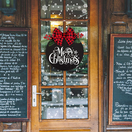 Whaline Merry Christmas Wooden Hanging Sign Door Decoration Wreath Buffalo Plaid Bow Welcome Sign for Home Indoor Outdoor Wall Window