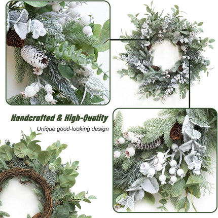 Christmas Wreath for Door, Soomeir Large Size Winter Wreaths with Berries, Christmas Poinsettia and Velvet Bow, for Home Wall Window Porch Indoor Outdoor
