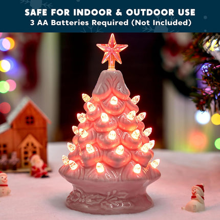 Joiedomi 7" Pink Ceramic Christmas Tree, Prelit Tabletop Christmas Tree with Extra Clear Top Star & Bulbs for Best Desk Decoration