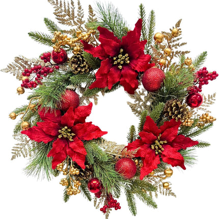 22 Inch Lighted Golden Glitter Christmas Wreath with Red Artificial Poinsettia Flowers Ball Ornaments Golden PineCones Berries for Door Wall Window Fireplace Holiday Decorations