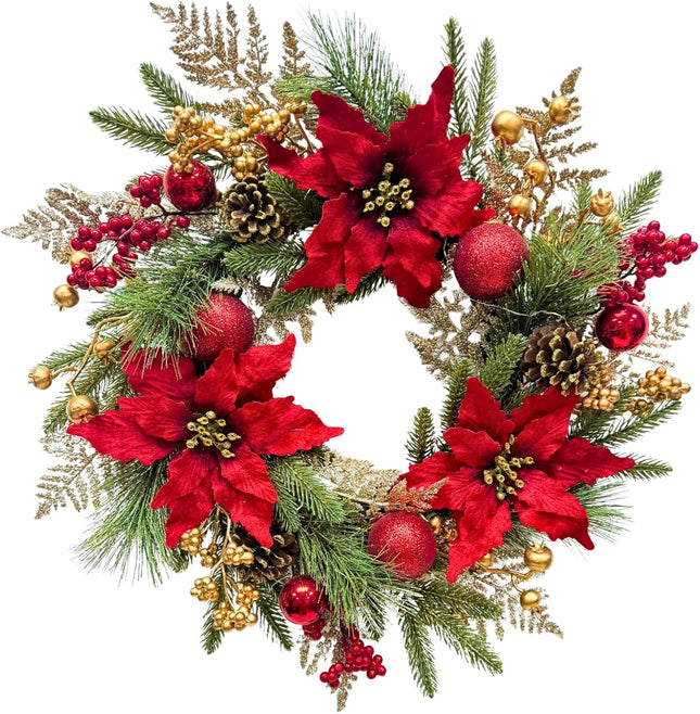 22 Inch Lighted Golden Glitter Christmas Wreath with Red Artificial Poinsettia Flowers Ball Ornaments Golden PineCones Berries for Door Wall Window Fireplace Holiday Decorations