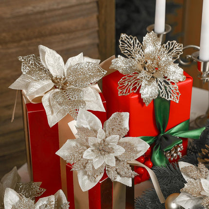 24Pcs 3 Styles 6 inch Poinsettias Artificial Christmas Flowers, Glitter Christmas Tree Decorations, Floral Ornaments for Home/Party, Xmas Decor Flowers with Clips and Stems, Champagne Gold