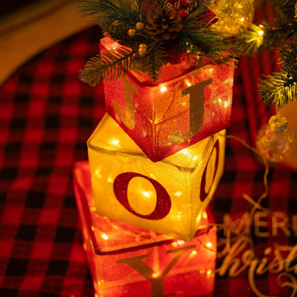 Hourleey Set of 3 Christmas Lighted Boxes, Pre-lit 60 LED Light Up Joy Present Boxes Ornament Decorations for Indoor Outdoor Xmas Tree Home Yard Lawn Decor