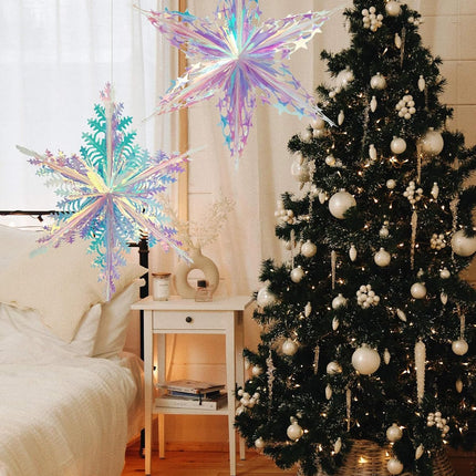 SONGTIY 2PCS Iridescent Honeycomb Snowflake Decorative Hanging Ornaments, Shiny Iridescent Foil Ceiling Garlands, for Chriatmas Birthday Wedding Frozen Theme Party Fairy Princess Rainbow Show Decorati