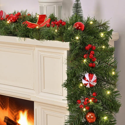 Dolicer 9 FT Artificial Christmas Garland, Christmas Garland with 50 LED Lights, Garlands for Decoration Christmas with Red Berries Christmas Balls Bowknots for Xmas Mantle Table Indoor Outdoor Decor