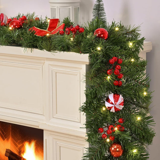 Dolicer 9 FT Artificial Christmas Garland, Christmas Garland with 50 LED Lights, Garlands for Decoration Christmas with Red Berries Christmas Balls Bowknots for Xmas Mantle Table Indoor Outdoor Decor
