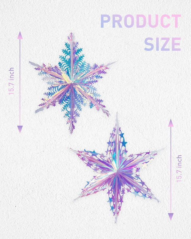 SONGTIY 2PCS Iridescent Honeycomb Snowflake Decorative Hanging Ornaments, Shiny Iridescent Foil Ceiling Garlands, for Chriatmas Birthday Wedding Frozen Theme Party Fairy Princess Rainbow Show Decorati